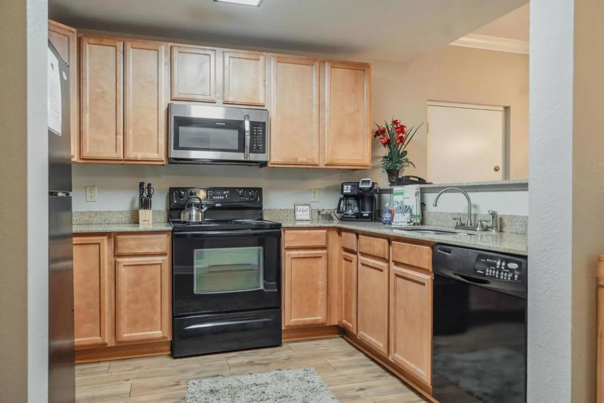 A view of the main kitchen area featuring black appliances, granite countertops, and warm wooden cabinets. A decorative plant on the counter adds a homey touch. The space is well-lit and spacious, inviting for cooking and entertaining.